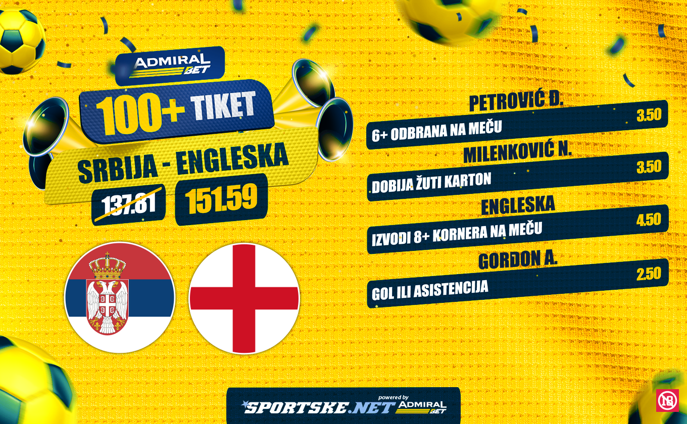AdmiralBet 100+ tiket - Srbi i Englezi za kvotu 151,59!